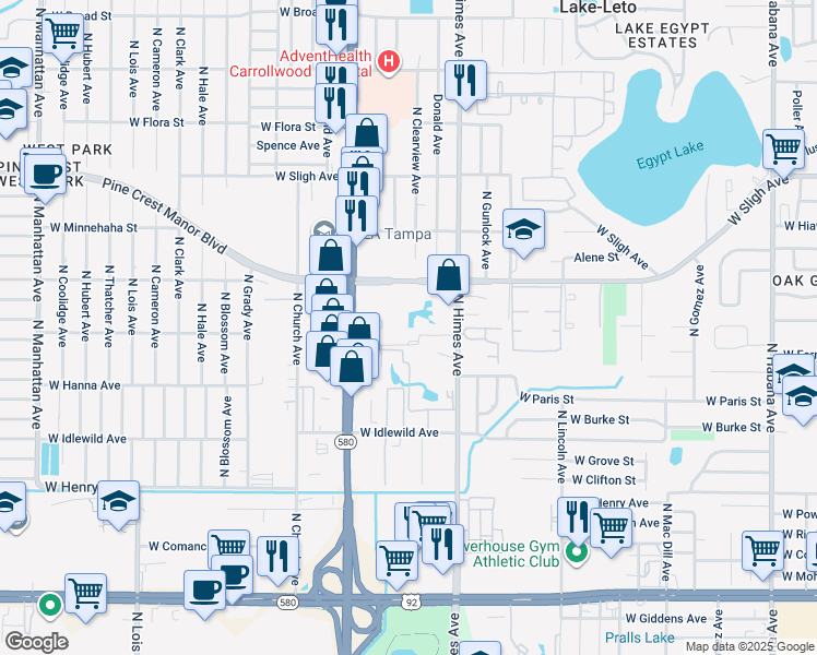 map of restaurants, bars, coffee shops, grocery stores, and more near 3507 Fountain Mist Drive in Tampa