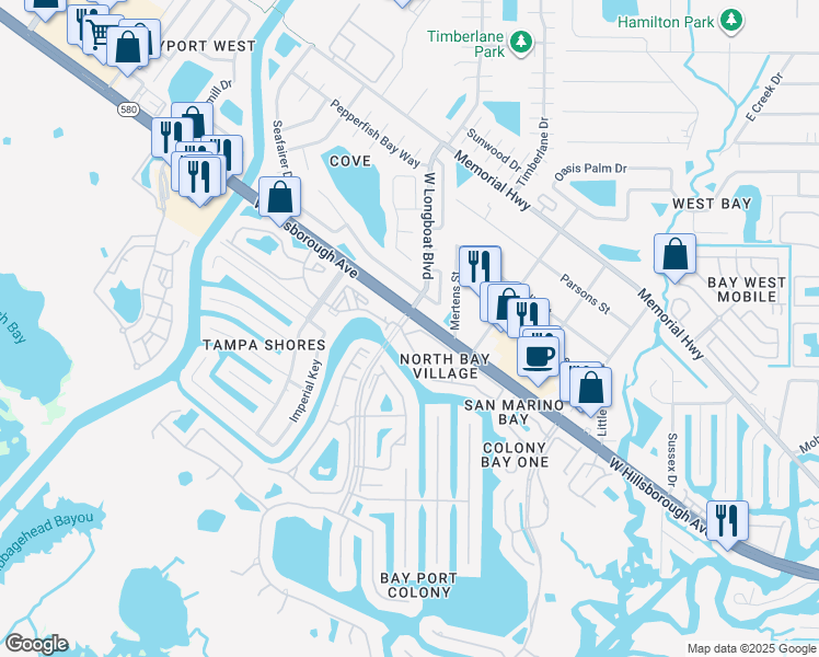 map of restaurants, bars, coffee shops, grocery stores, and more near 6347 Newtown Circle in Tampa