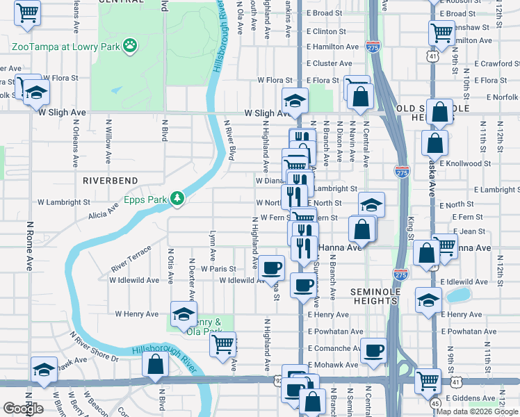 map of restaurants, bars, coffee shops, grocery stores, and more near 6402 North Highland Avenue in Tampa