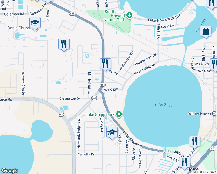 map of restaurants, bars, coffee shops, grocery stores, and more near 1878 Avenue Q Southwest in Winter Haven