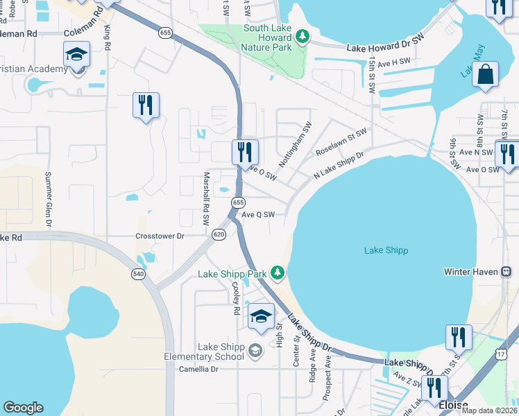 map of restaurants, bars, coffee shops, grocery stores, and more near 1850 Avenue Q Southwest in Winter Haven