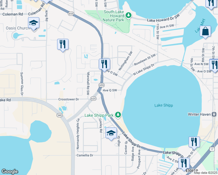 map of restaurants, bars, coffee shops, grocery stores, and more near 1870 Avenue Q Southwest in Winter Haven