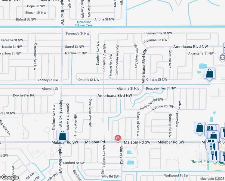 map of restaurants, bars, coffee shops, grocery stores, and more near 682 Altamira Street Northwest in Palm Bay