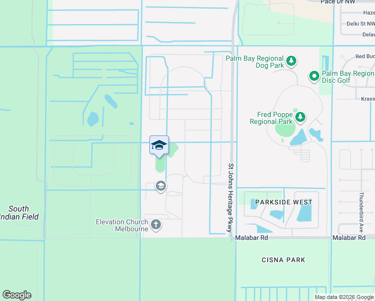 map of restaurants, bars, coffee shops, grocery stores, and more near 2331 Malabar Road in Palm Bay