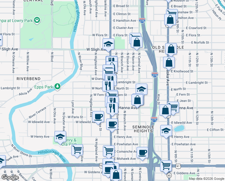 map of restaurants, bars, coffee shops, grocery stores, and more near in Tampa