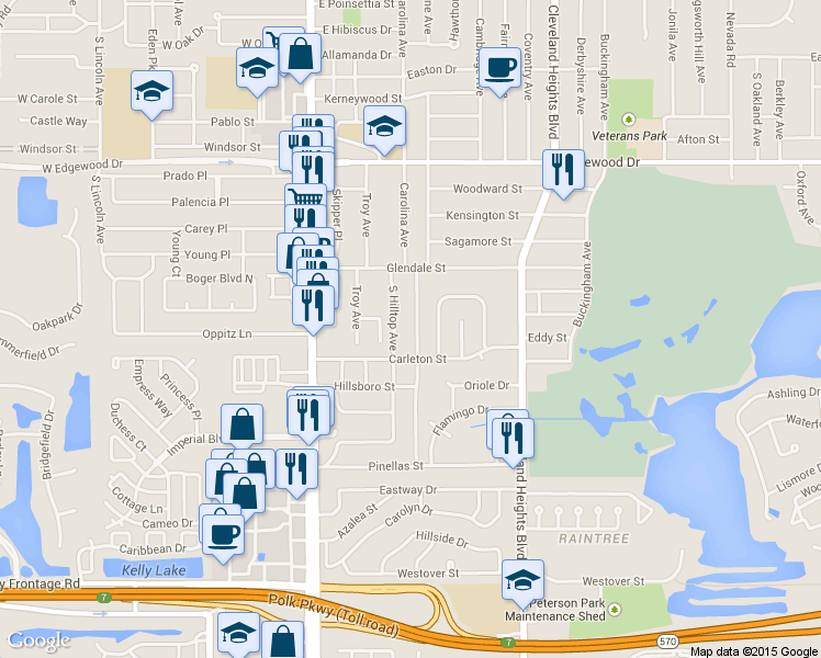 map of restaurants, bars, coffee shops, grocery stores, and more near 3213 Polk Avenue in Lakeland