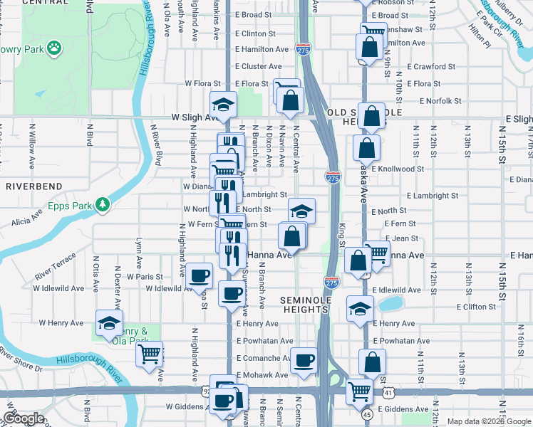 map of restaurants, bars, coffee shops, grocery stores, and more near 310 East Fern Street in Tampa