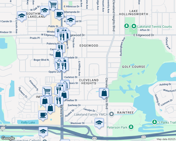 map of restaurants, bars, coffee shops, grocery stores, and more near 3229 Carleton Circle West in Lakeland