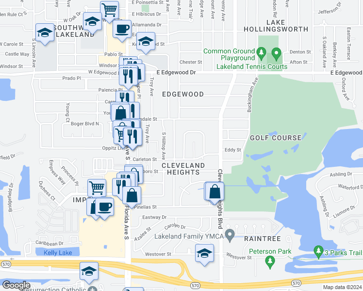 map of restaurants, bars, coffee shops, grocery stores, and more near 3211 Carleton Circle West in Lakeland