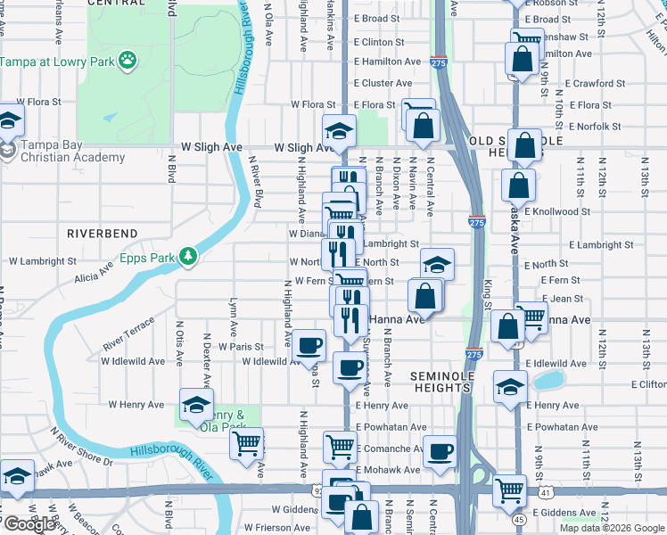 map of restaurants, bars, coffee shops, grocery stores, and more near in Tampa