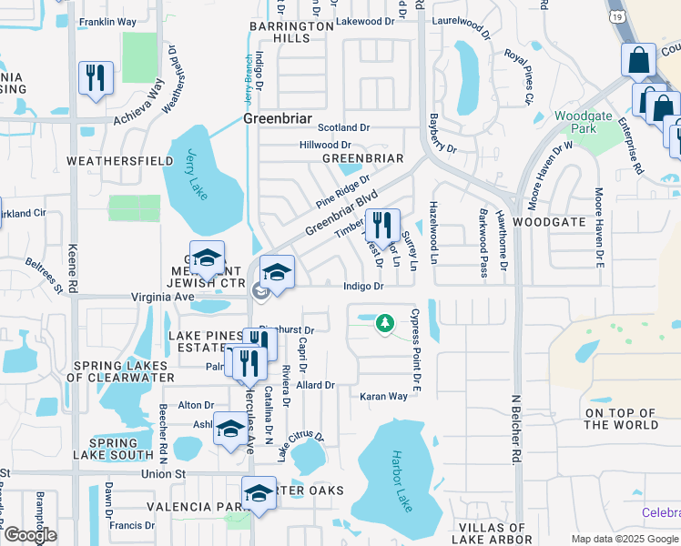 map of restaurants, bars, coffee shops, grocery stores, and more near 2113 Indigo Drive in Clearwater