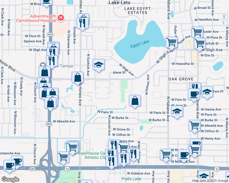 map of restaurants, bars, coffee shops, grocery stores, and more near 3132 West Lambright Street in Tampa