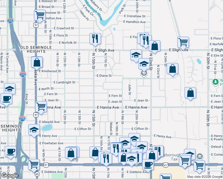 map of restaurants, bars, coffee shops, grocery stores, and more near 1714 East Fern Street in Tampa