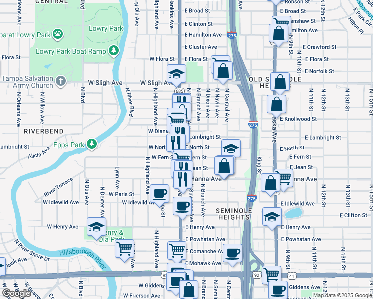 map of restaurants, bars, coffee shops, grocery stores, and more near in Tampa