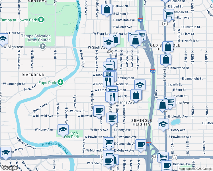 map of restaurants, bars, coffee shops, grocery stores, and more near in Tampa