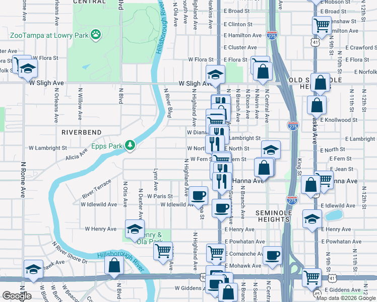 map of restaurants, bars, coffee shops, grocery stores, and more near 6402 North Highland Avenue in Tampa