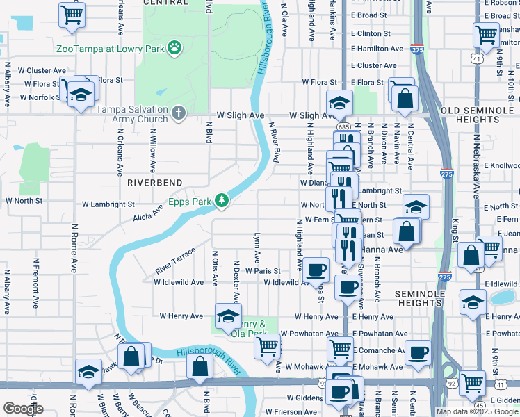 map of restaurants, bars, coffee shops, grocery stores, and more near 222 West Fern Street in Tampa