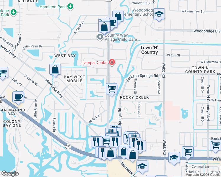 map of restaurants, bars, coffee shops, grocery stores, and more near 6021 Sheldon Road in Town 'n' Country