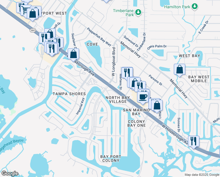 map of restaurants, bars, coffee shops, grocery stores, and more near 6340 Newtown Circle in Tampa