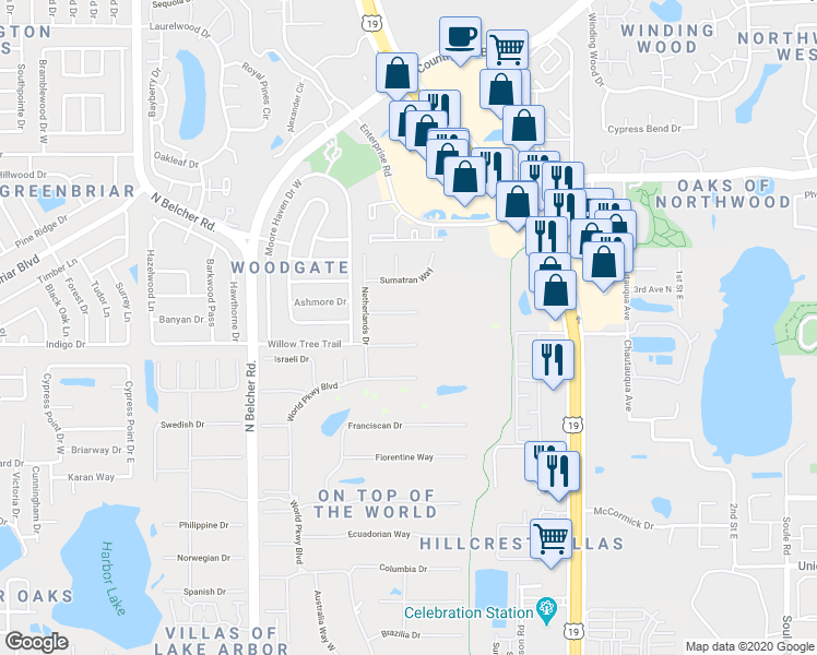 map of restaurants, bars, coffee shops, grocery stores, and more near 2440 World Parkway Boulevard in Clearwater