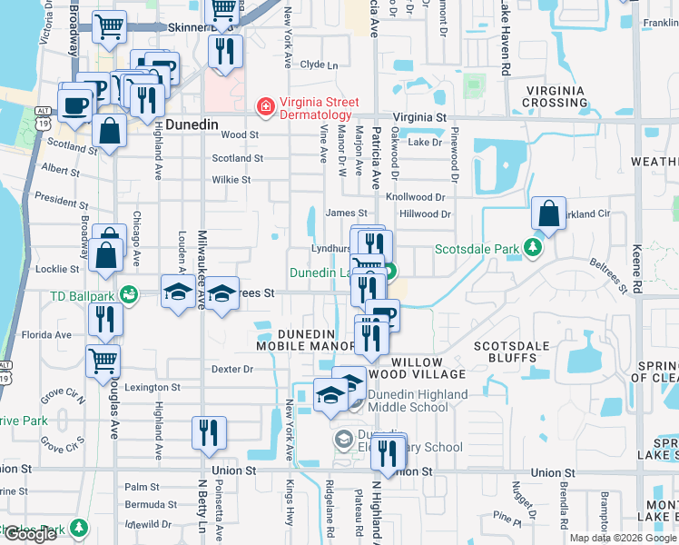 map of restaurants, bars, coffee shops, grocery stores, and more near 900 Beltrees Street in Dunedin