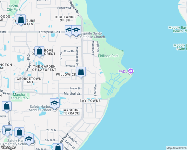 map of restaurants, bars, coffee shops, grocery stores, and more near 215 Lighthouse Court in Safety Harbor