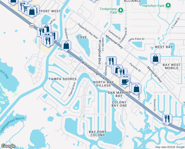 map of restaurants, bars, coffee shops, grocery stores, and more near 6301 Newtown Circle in Tampa