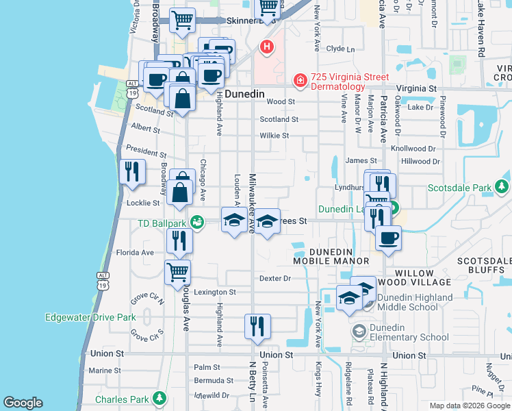 map of restaurants, bars, coffee shops, grocery stores, and more near 600 Beltrees Street in Dunedin