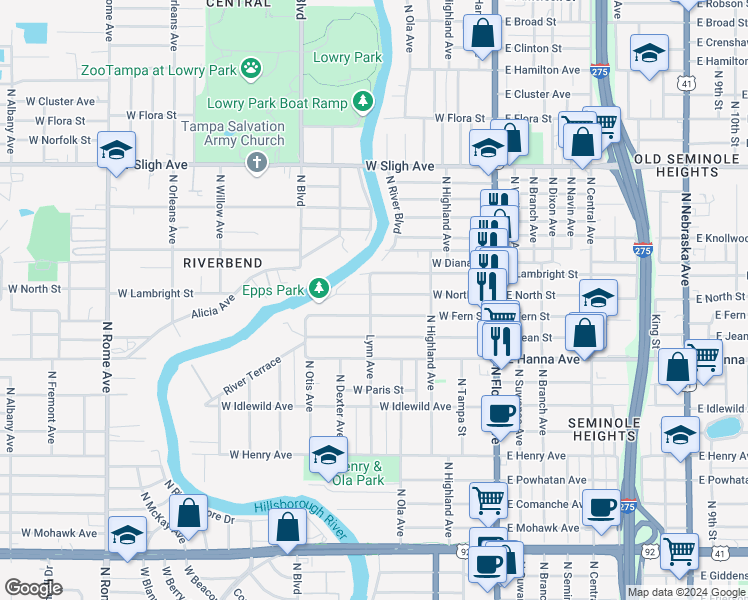 map of restaurants, bars, coffee shops, grocery stores, and more near 222 West Fern Street in Tampa
