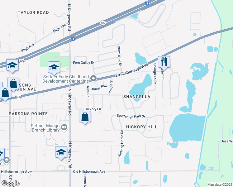 map of restaurants, bars, coffee shops, grocery stores, and more near 813 Knight Street in Seffner