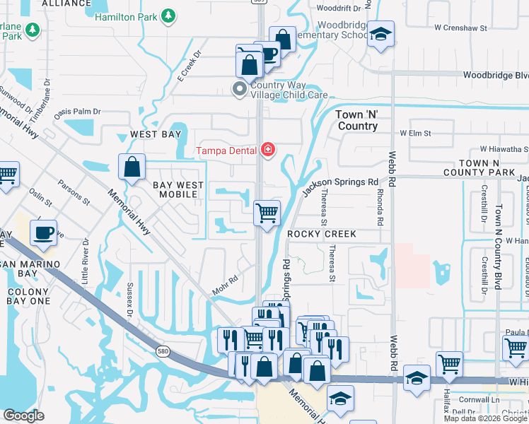 map of restaurants, bars, coffee shops, grocery stores, and more near 6021 Sheldon Road in Town 'n' Country