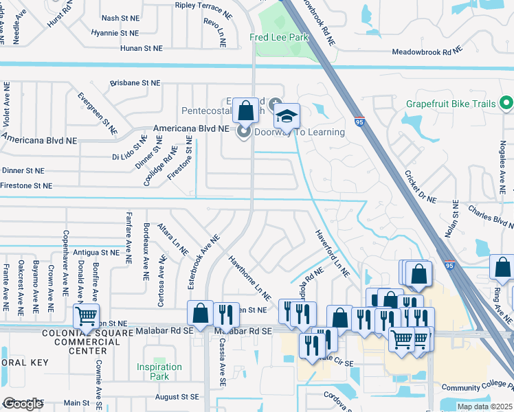 map of restaurants, bars, coffee shops, grocery stores, and more near 941 Lexington Street Northeast in Palm Bay