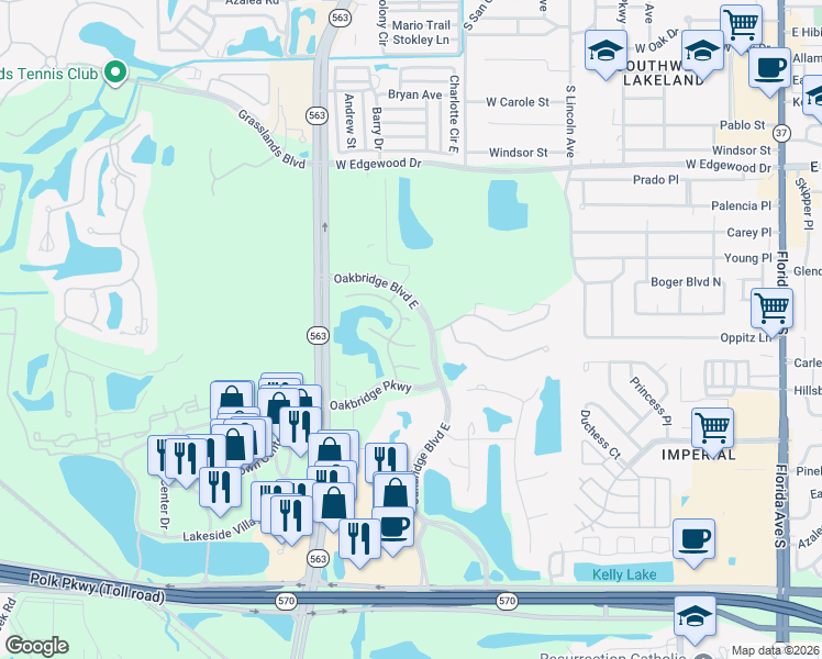 map of restaurants, bars, coffee shops, grocery stores, and more near 3214 Stonewater Court in Lakeland