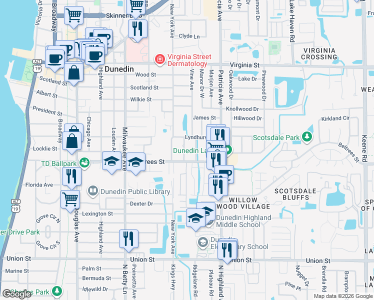 map of restaurants, bars, coffee shops, grocery stores, and more near 810 Beltrees Street in Dunedin