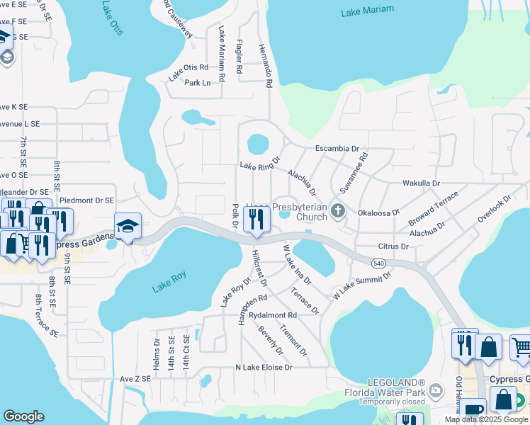 map of restaurants, bars, coffee shops, grocery stores, and more near 1906 Hardee Road in Winter Haven