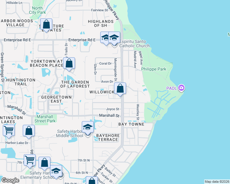 map of restaurants, bars, coffee shops, grocery stores, and more near 8190 Phillippe Landing in Safety Harbor