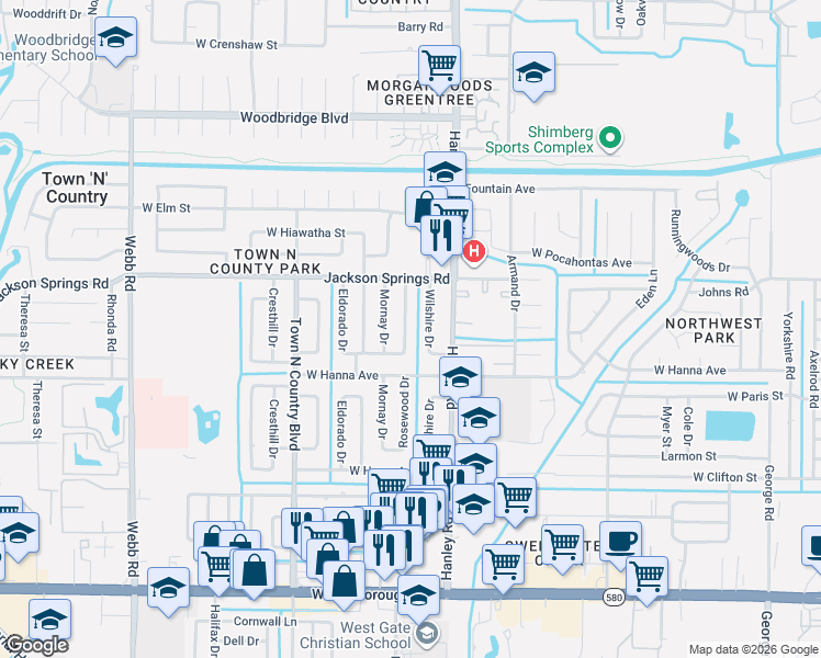 map of restaurants, bars, coffee shops, grocery stores, and more near 6402 Rosewood Drive in Tampa