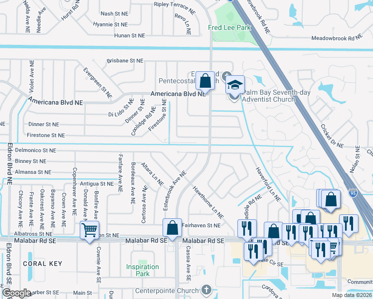 map of restaurants, bars, coffee shops, grocery stores, and more near 325 El Rancho Terrace Northeast in Palm Bay