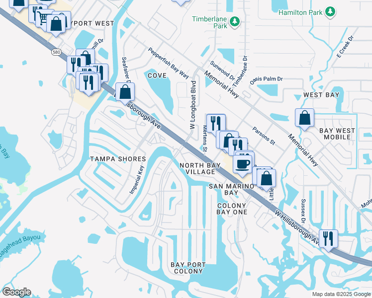 map of restaurants, bars, coffee shops, grocery stores, and more near 6301 Newtown Circle in Tampa