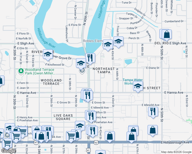 map of restaurants, bars, coffee shops, grocery stores, and more near 6221 North 41st Street in Tampa