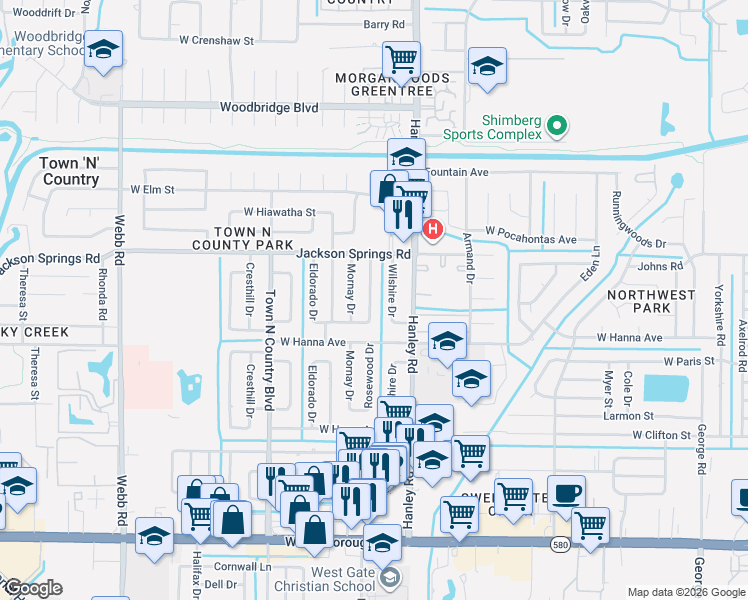 map of restaurants, bars, coffee shops, grocery stores, and more near 6402 Rosewood Drive in Tampa