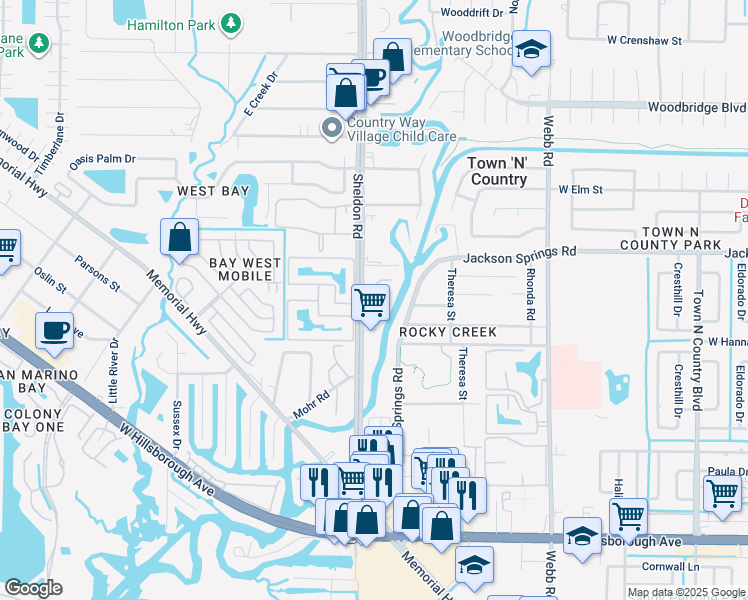 map of restaurants, bars, coffee shops, grocery stores, and more near 6021 Sheldon Road in Town 'n' Country