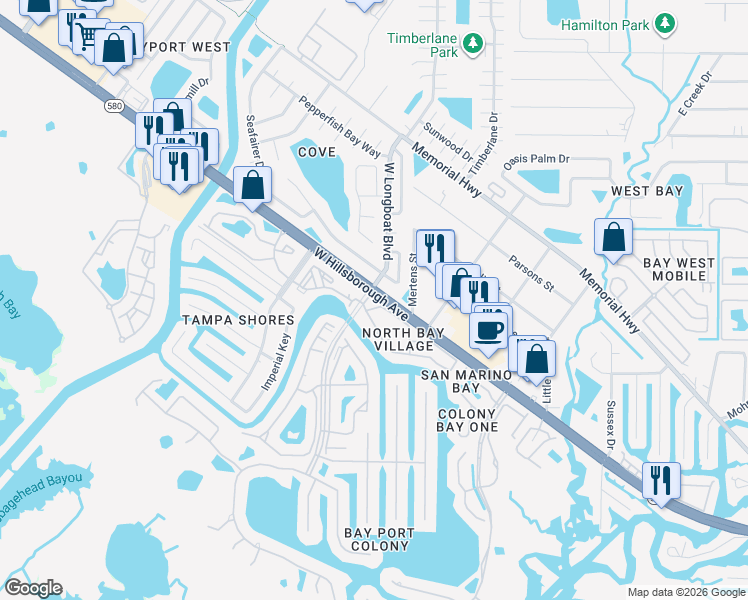 map of restaurants, bars, coffee shops, grocery stores, and more near 6301 Newtown Circle in Tampa