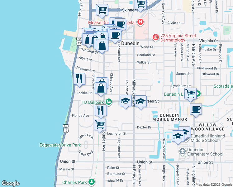 map of restaurants, bars, coffee shops, grocery stores, and more near 446 Beltrees Street in Dunedin