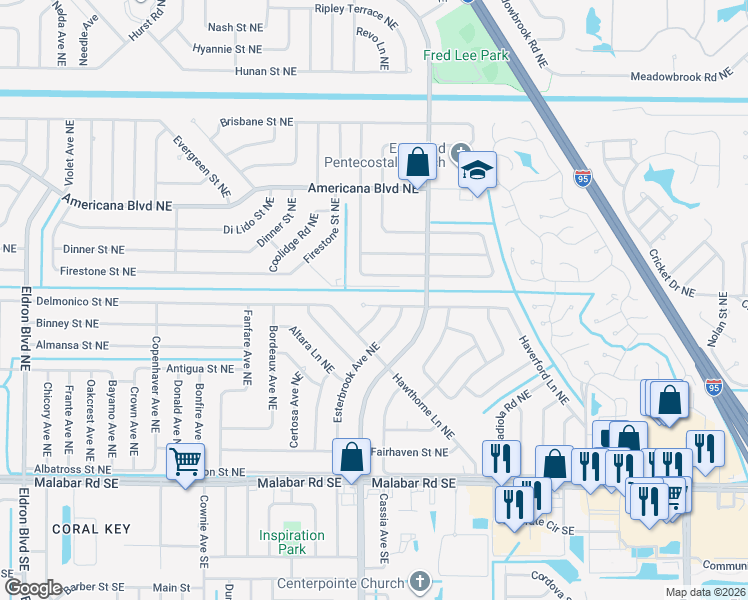 map of restaurants, bars, coffee shops, grocery stores, and more near 839 Lexington Street Northeast in Palm Bay