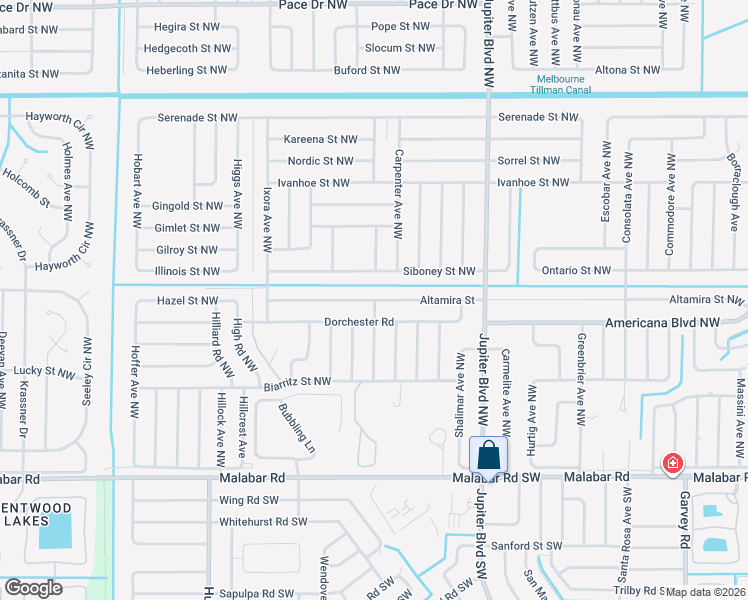 map of restaurants, bars, coffee shops, grocery stores, and more near 297 Jacaranda Avenue in Palm Bay