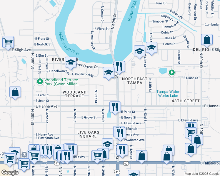 map of restaurants, bars, coffee shops, grocery stores, and more near 6402 North 40th Street in Tampa