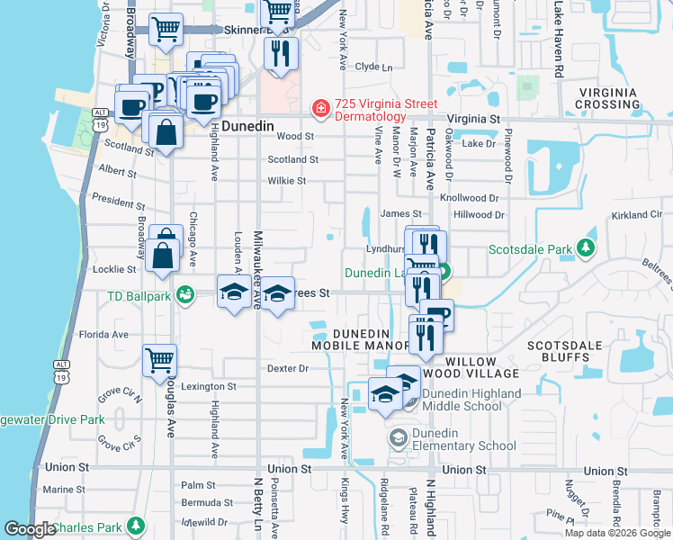 map of restaurants, bars, coffee shops, grocery stores, and more near 660 Beltrees Street in Dunedin