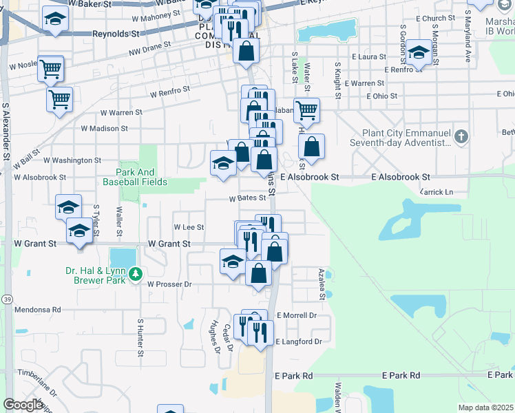 map of restaurants, bars, coffee shops, grocery stores, and more near 112 West Strickland Street in Plant City