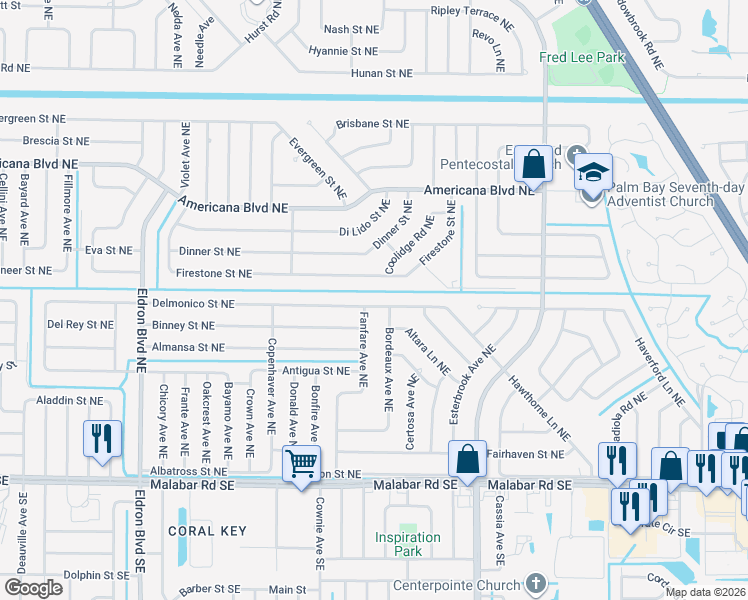 map of restaurants, bars, coffee shops, grocery stores, and more near 697 Delmonico Street Northeast in Palm Bay